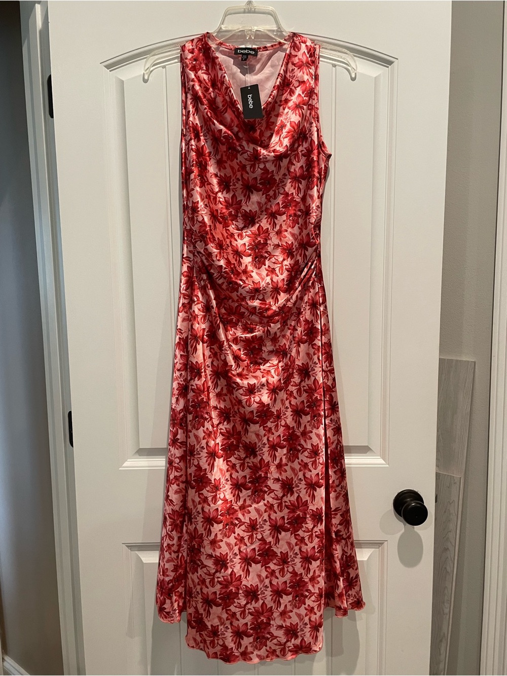 bebe Red Floral Cowl-Neck Midi Dress